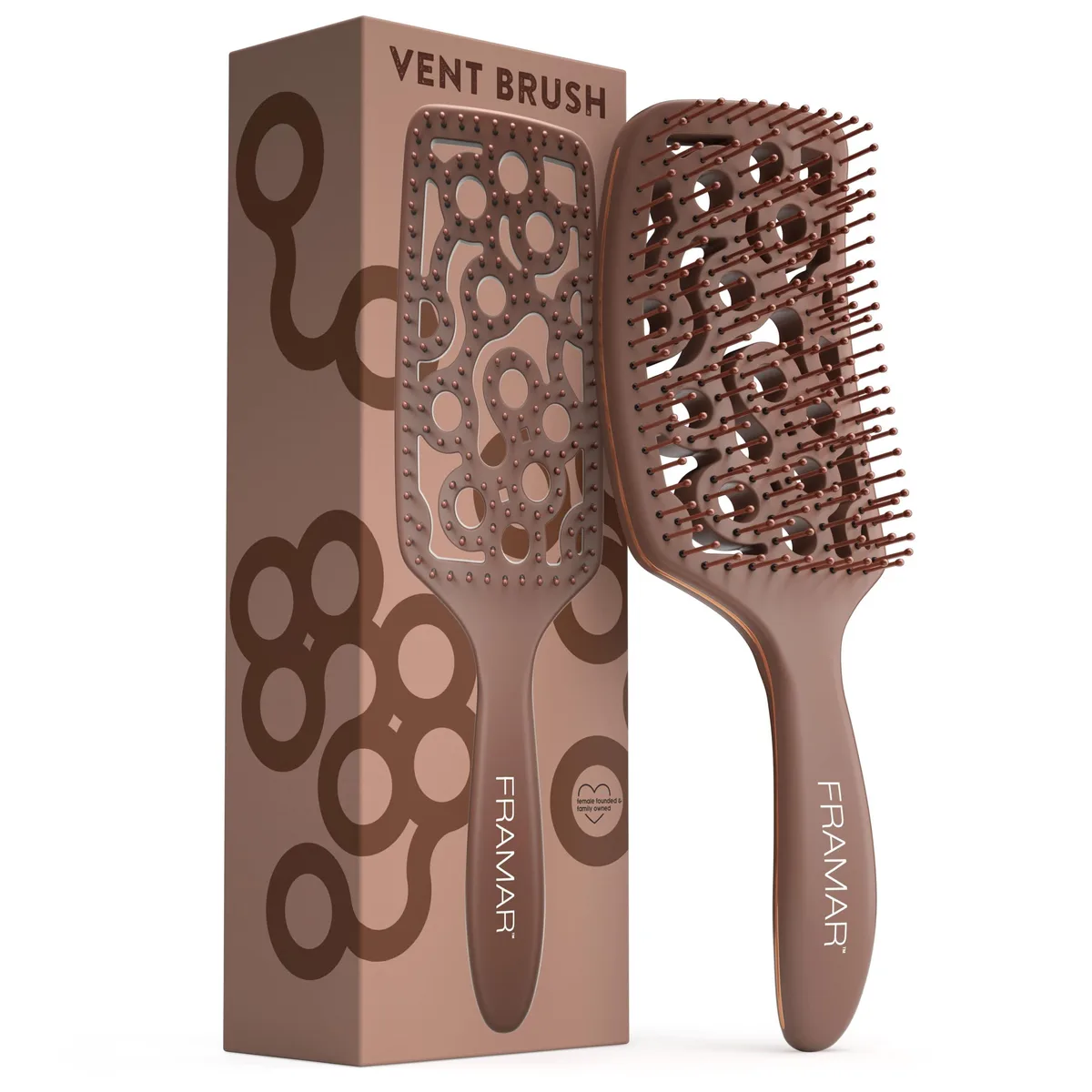 Chocolate-coloured vented paddle brush with curved rubberised handle and spaced plastic bristles