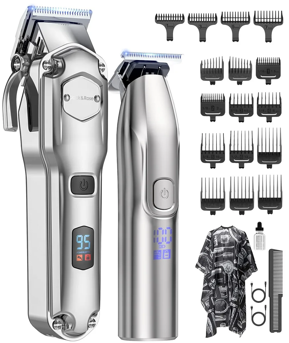Black cordless clipper and trimmer set with five heads and accessories
