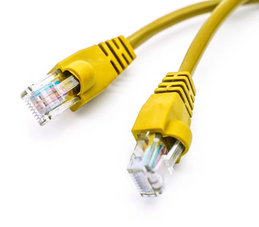 Yellow Cat6 patch cable two feet long with snagless RJ45 connectors