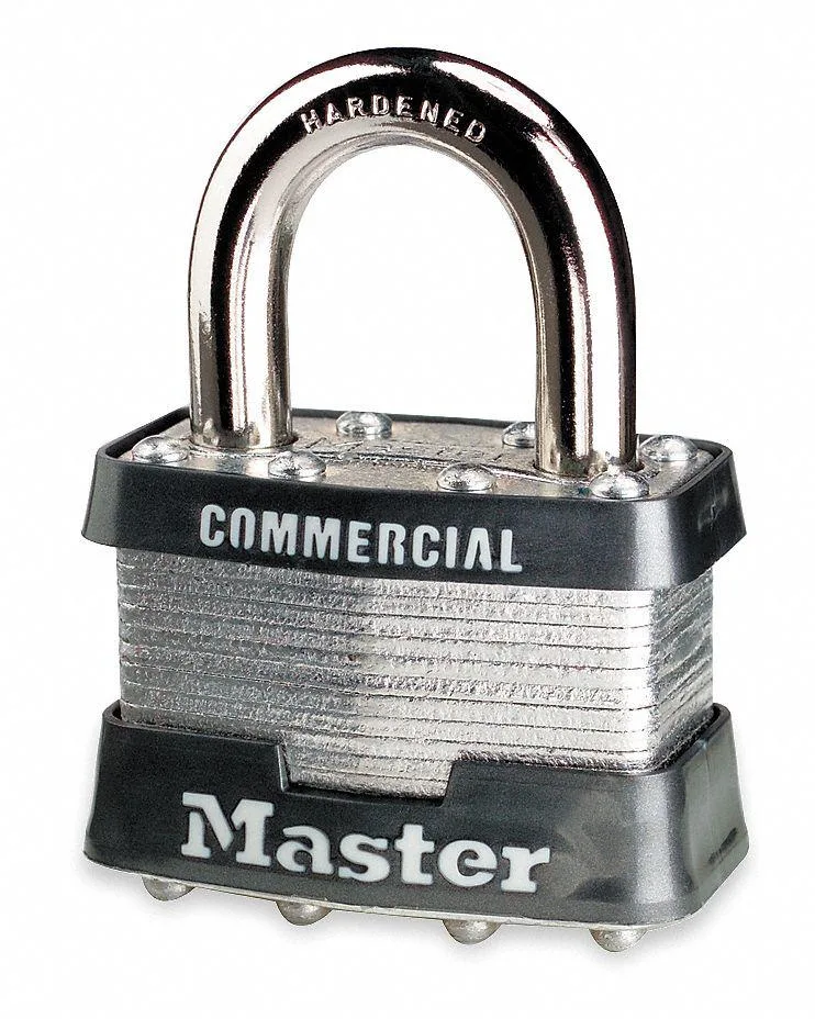 Silver laminated steel padlock with removable cylinder, 15/16 inch shackle height