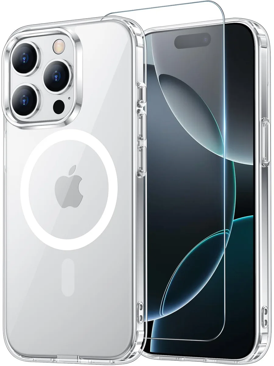Clear slim magnetic case with built-in screen protector for iPhone 16 Pro