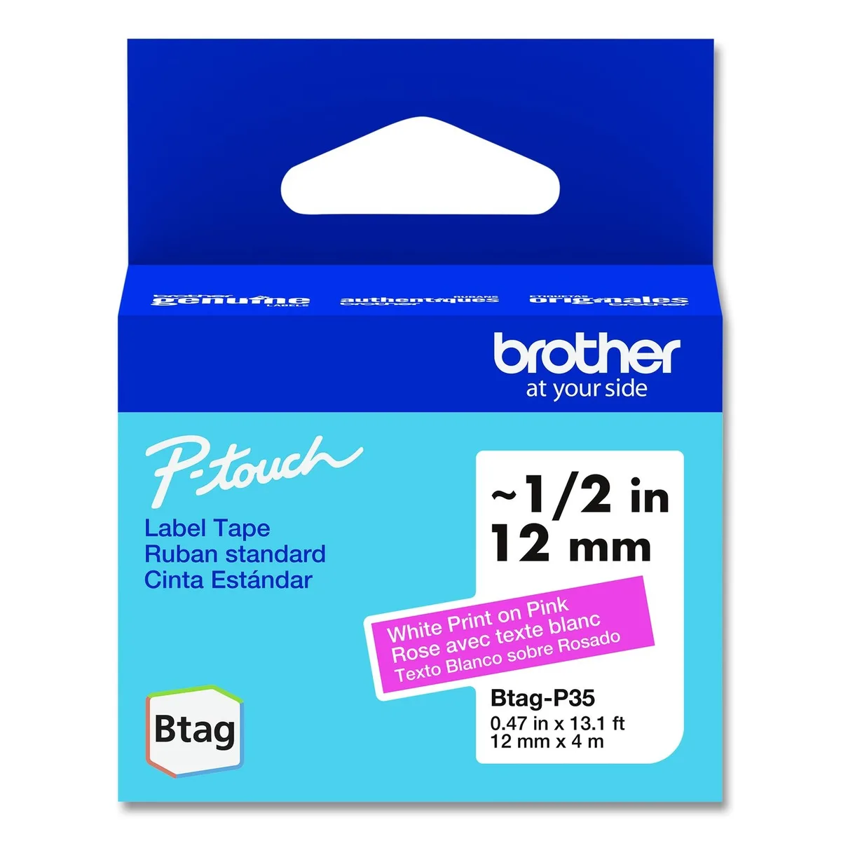 Brother Brother P-Touch BTAG Label Tape 12 mm × 4 m White on Pink BTAGP35 — product photo