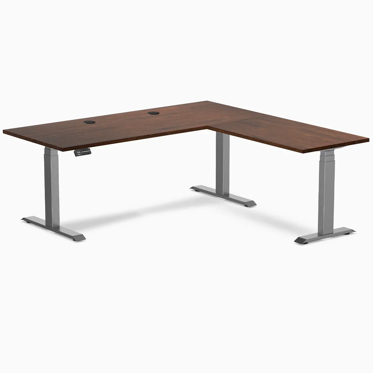 Desky Desky Rubberwood L-Shape Sit Stand Desk Red Walnut Space Gray 72x30x70x24 in with Grommets — product photo