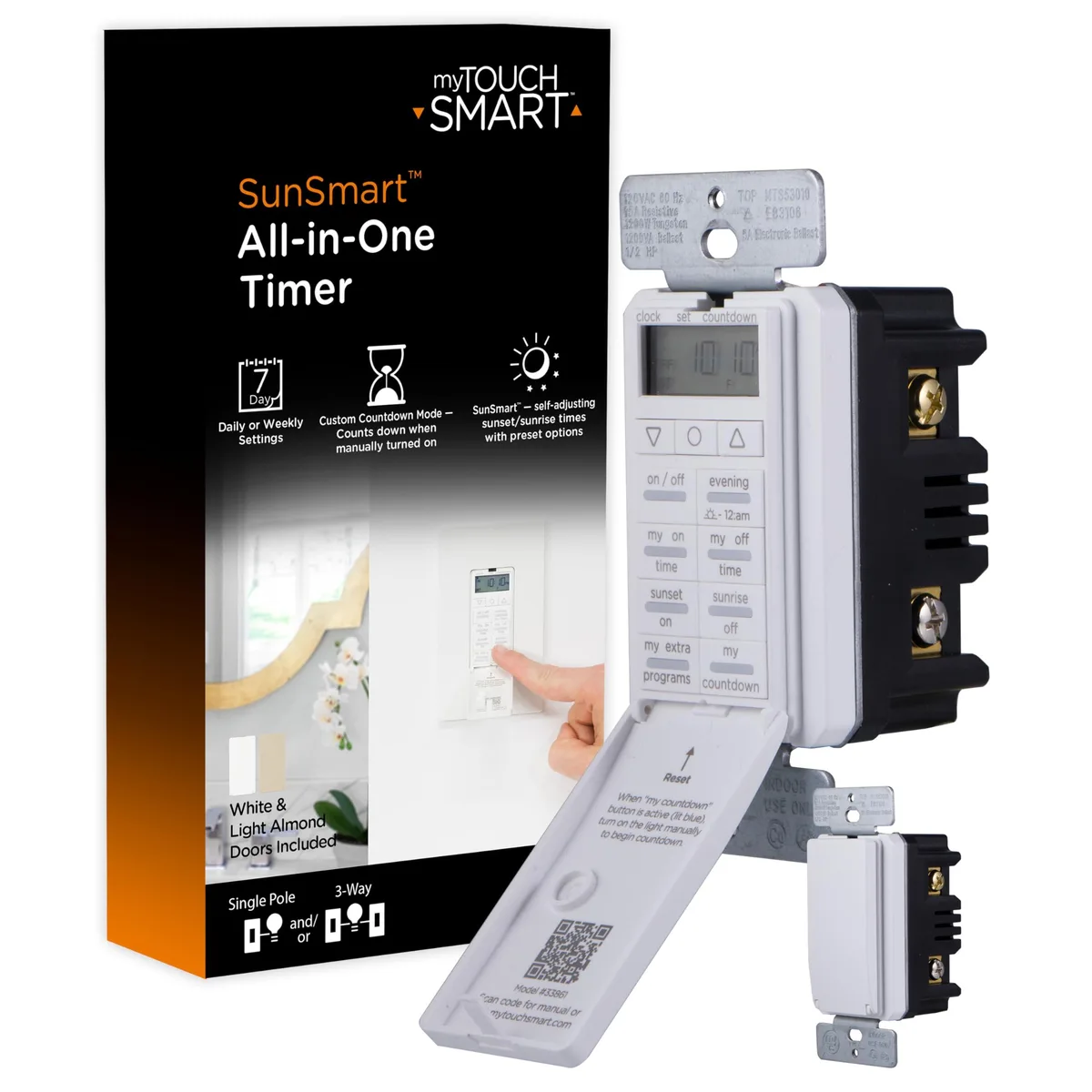 White rectangular in-wall digital timer switch with push-button door and backlit LED screen