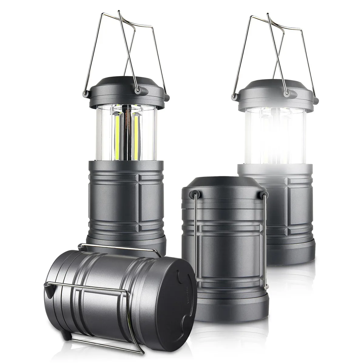 Four black cylindrical lanterns with foldaway hooks, 5.1 inches tall, 7.8 oz each
