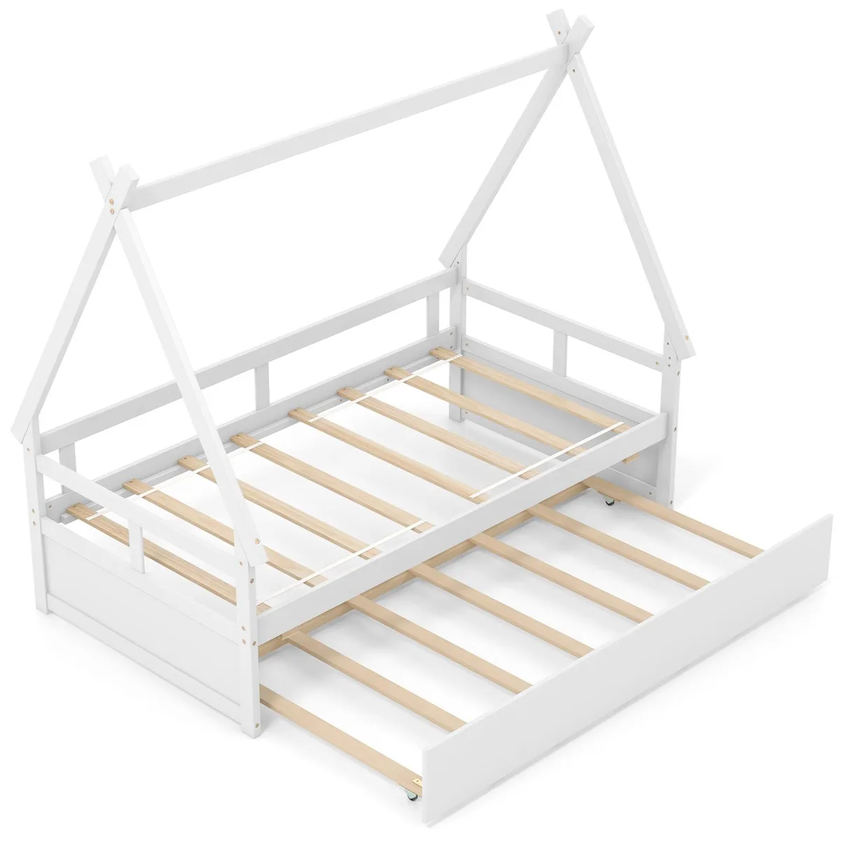 White twin house bed frame with roof, pull-out trundle and guardrail