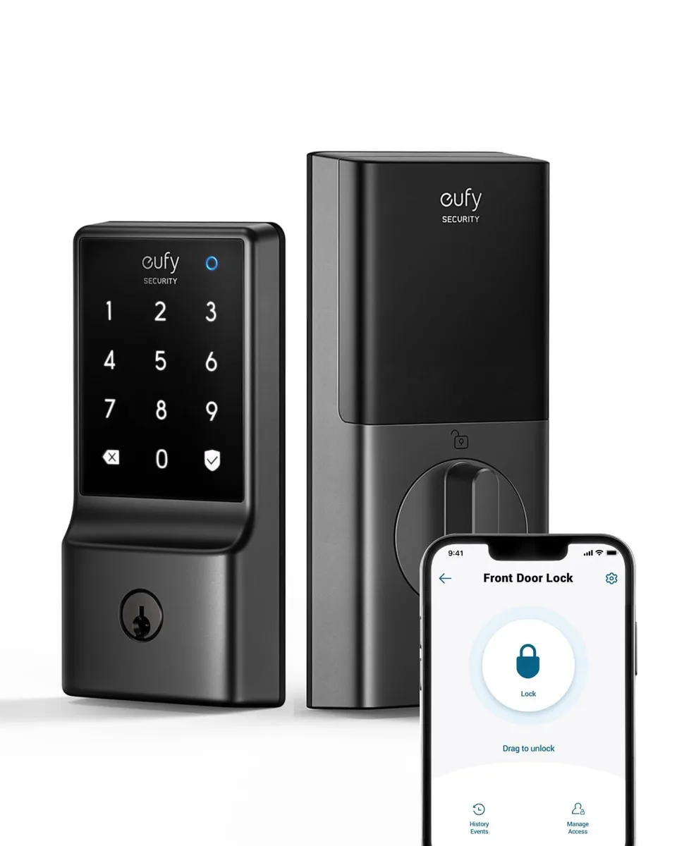 Black rectangular smart deadbolt with touchscreen keypad and built-in Wi-Fi