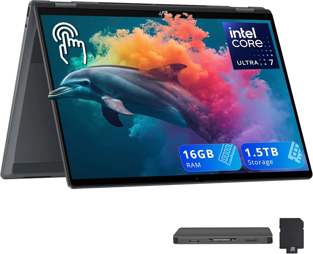 HP HP OmniBook X Flip 2-in-1 16" 2K Touchscreen, Ultra 7 256V, 16GB, 512GB SSD + 1TB Dock, Gray — product photo
