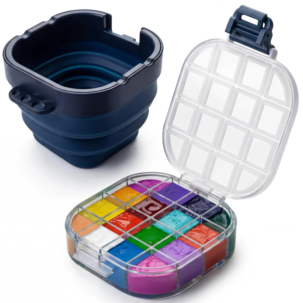 Avery Modern 16-Well Airtight Gouache Palette Box with Lid & Foldable Water Cup, Blue — product photo