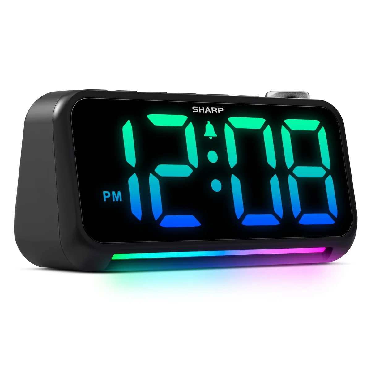 Black rectangular digital alarm clock with RGB display, night light, and two USB ports on top