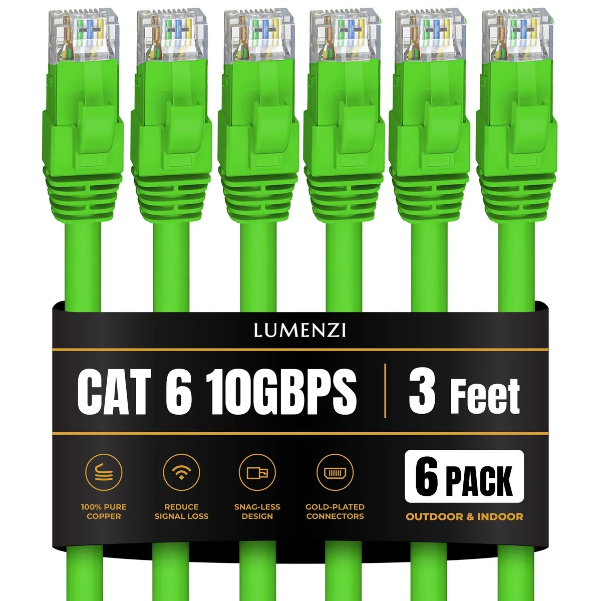 Lumenzi Lumenzi Cat 6 Ethernet Cable 3 FT Green 6 Pack 10 Gbps 550 MHz — product photo