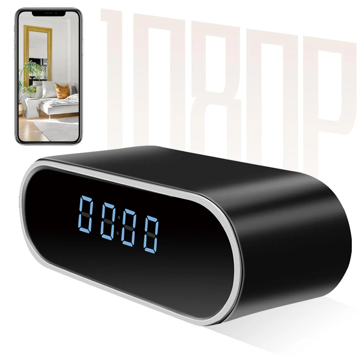 A glossy black clock face hiding a 1080p wireless camera lens