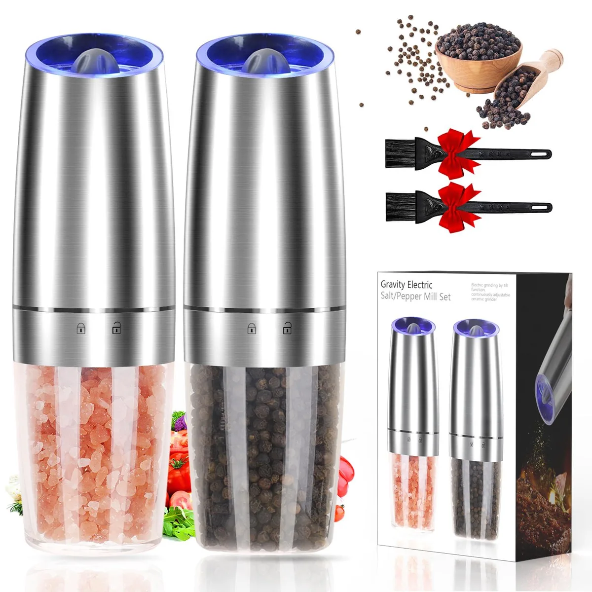 Transparent acrylic gravity electric pepper and salt grinder with blue LED, .762 kg