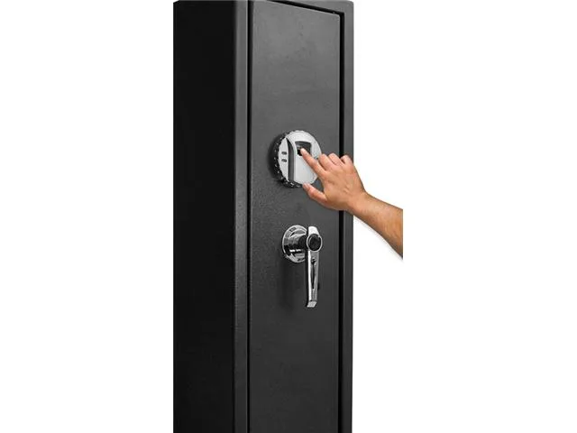 A grey steel biometric rifle safe with keypad and scanner, solid steel construction, 1.72 cubic feet capacity, stores four rifles