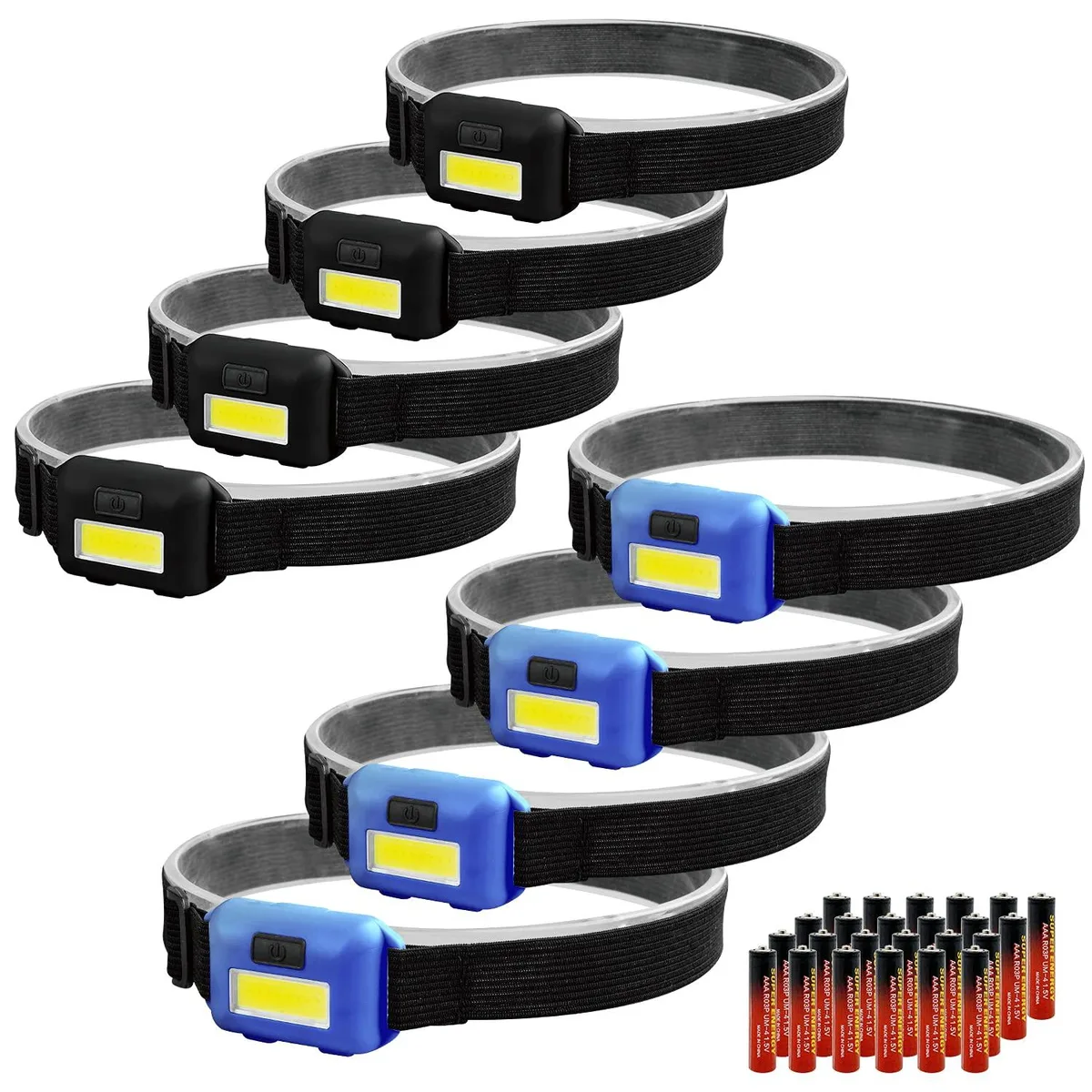 Eight tiny black headlamps with stretchy grey headbands in a white box
