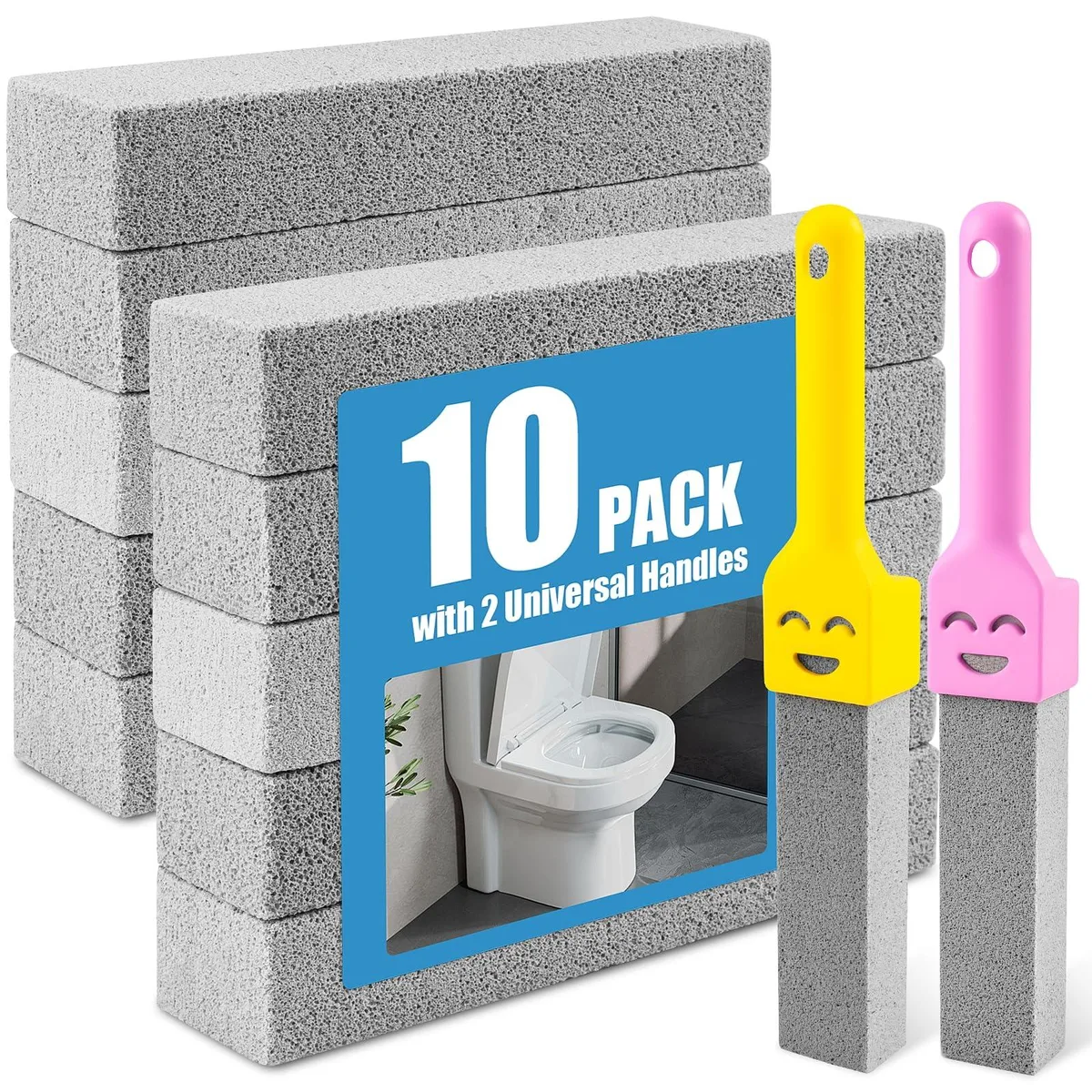 Ten grey pumice stones and two white plastic handles in a pack