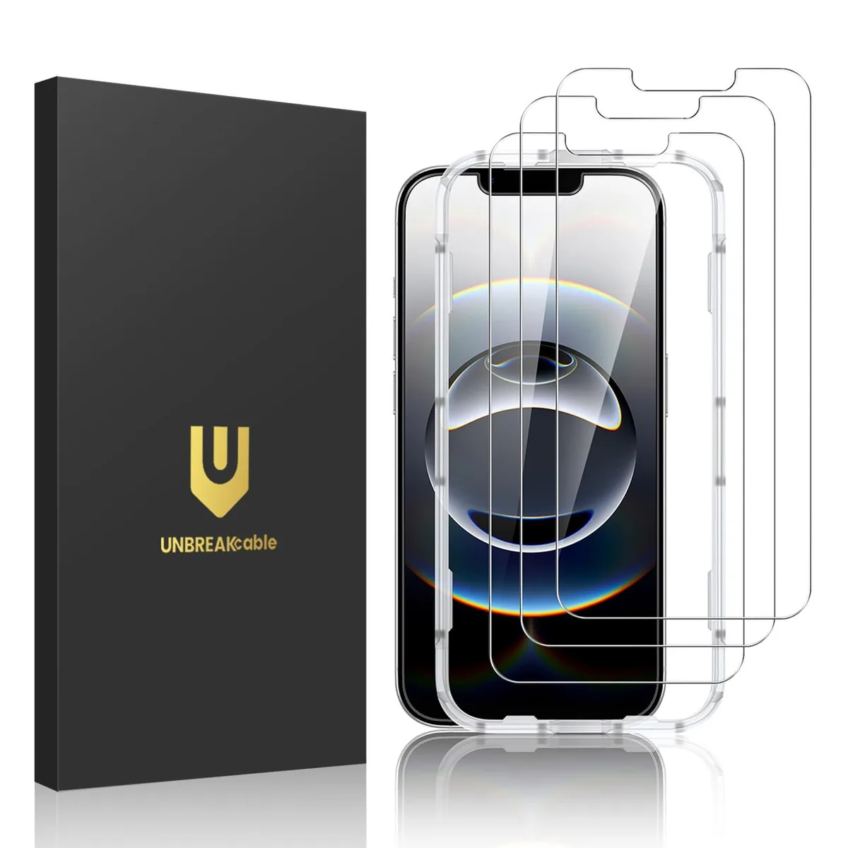Three rectangular glass screen protectors in a clear pack with installation frame and cleaning accessories