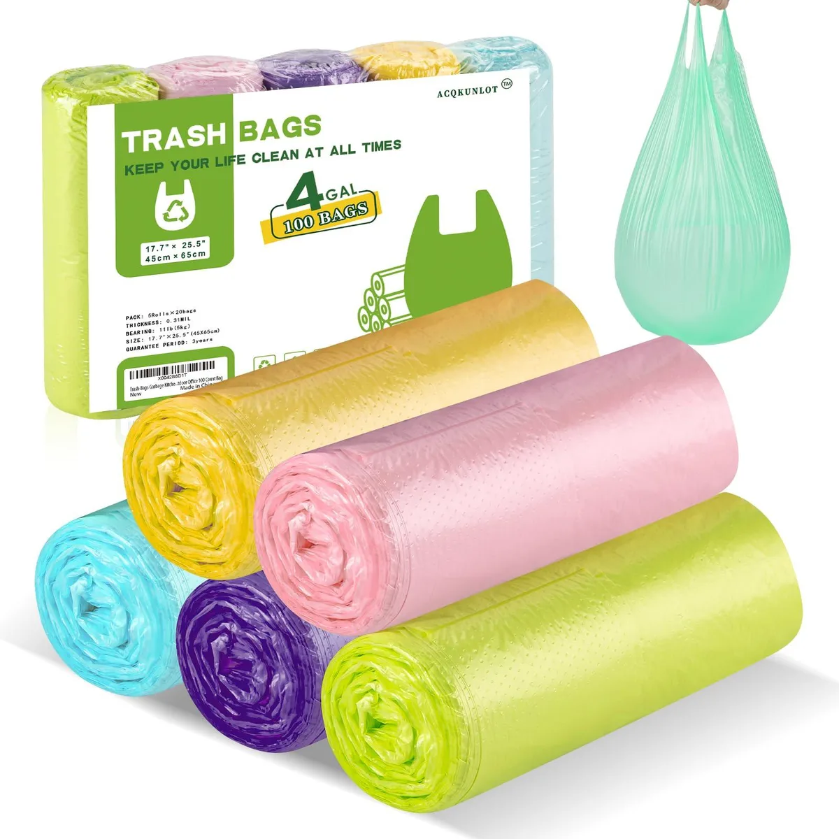 Box of multicolour 4 gallon trash bags, five rolls of twenty, white packaging