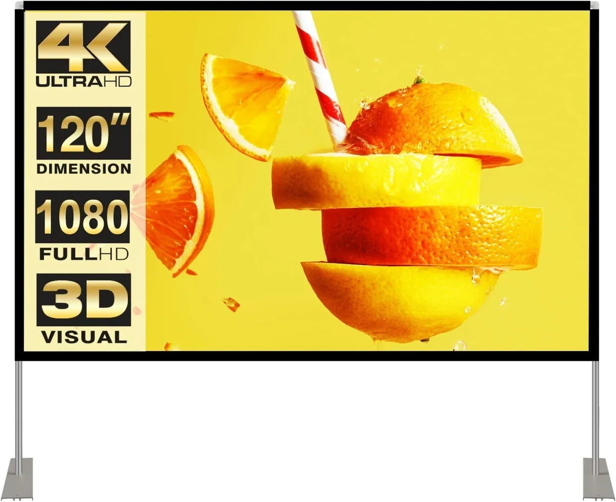 A 120 inch 16:9 projector screen on a folding aluminium frame with carry bag