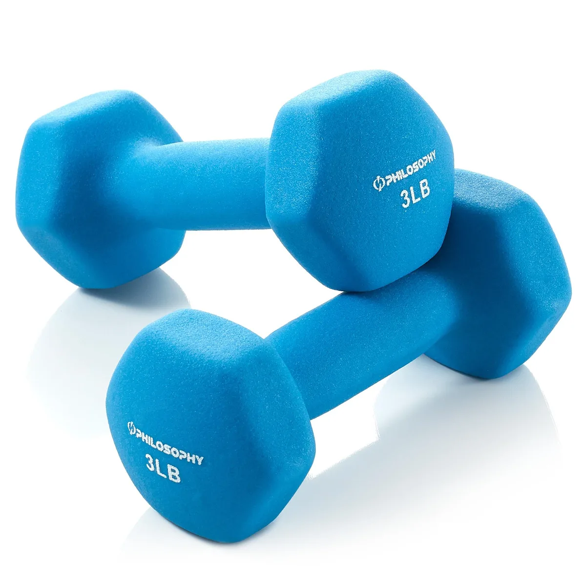 Pair of teal neoprene hex dumbbells, 3 lb each