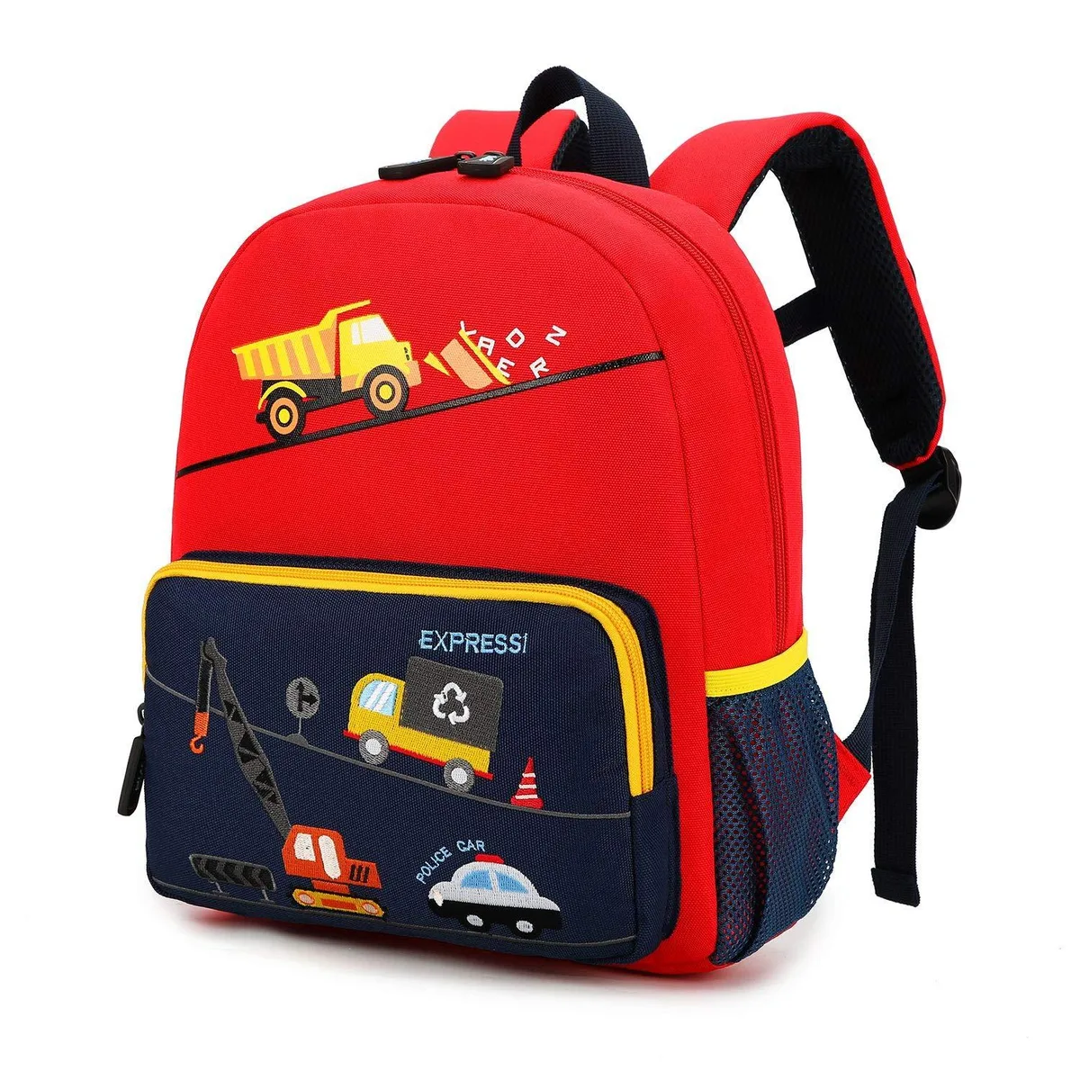 Blue polyester toddler backpack with embroidered dinosaur pattern, soft shell, chest strap, zipper closure, 12.6 by 10.2 by 3.74 inches