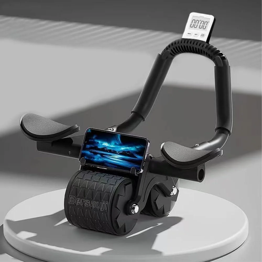 Black dual-wheel ab roller with elbow supports, knee mat and timer display