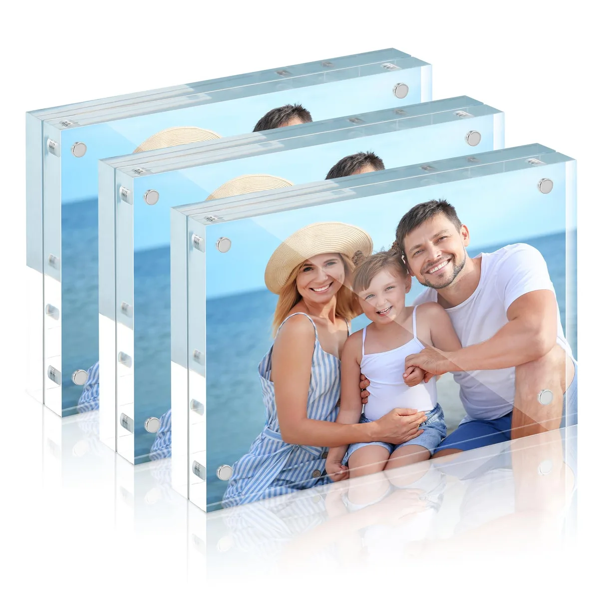 Three clear acrylic magnetic frames, 0.4 inch thick panels, freestanding design