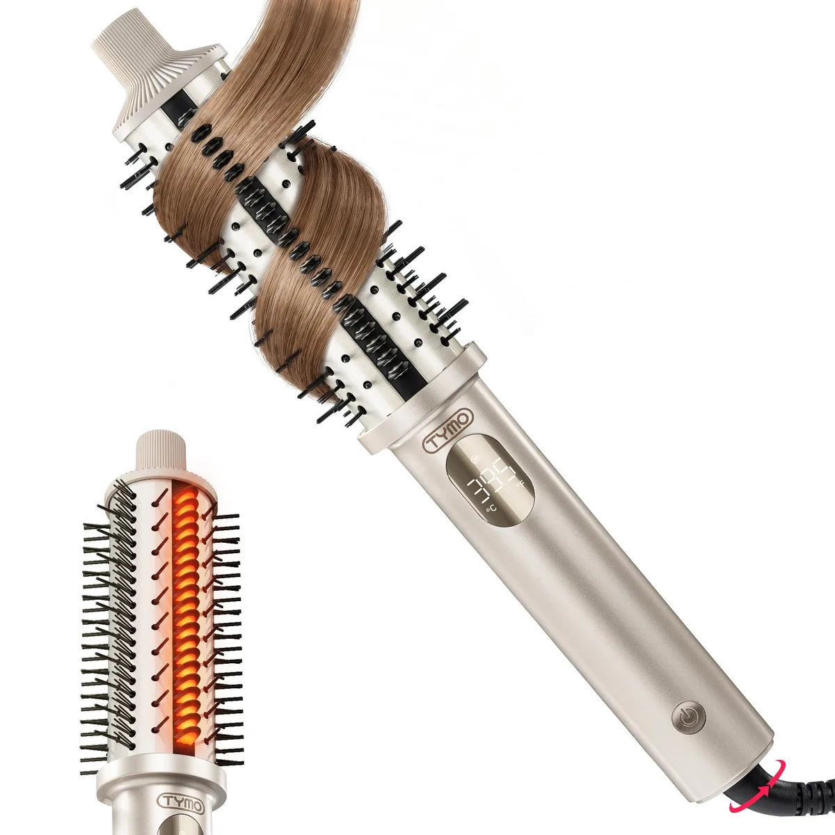 Gold thermal brush with 1.5 inch ceramic barrel and heated bristles, LCD display on handle