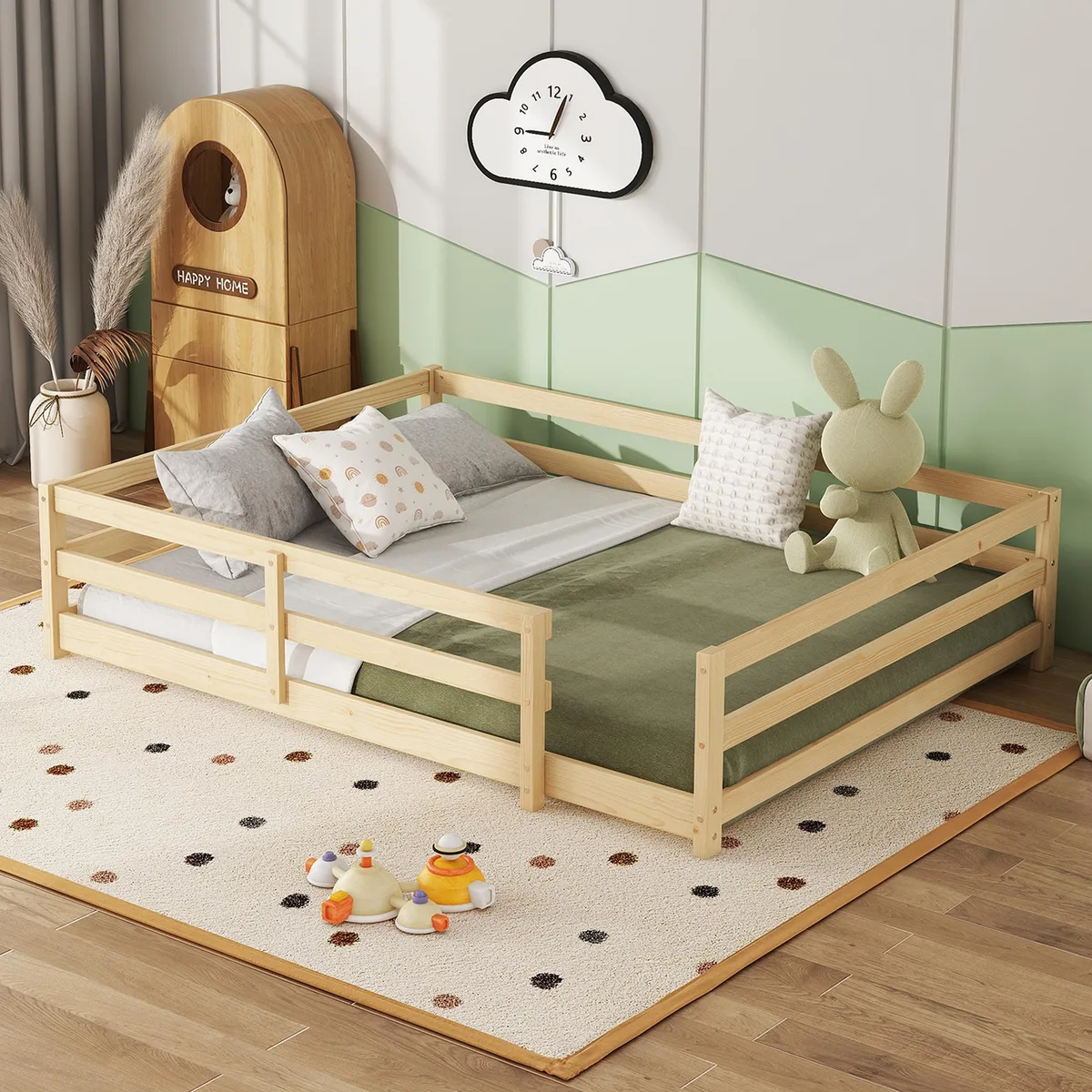 Full-size oak floor bed with 15.7 inch fence guardrails