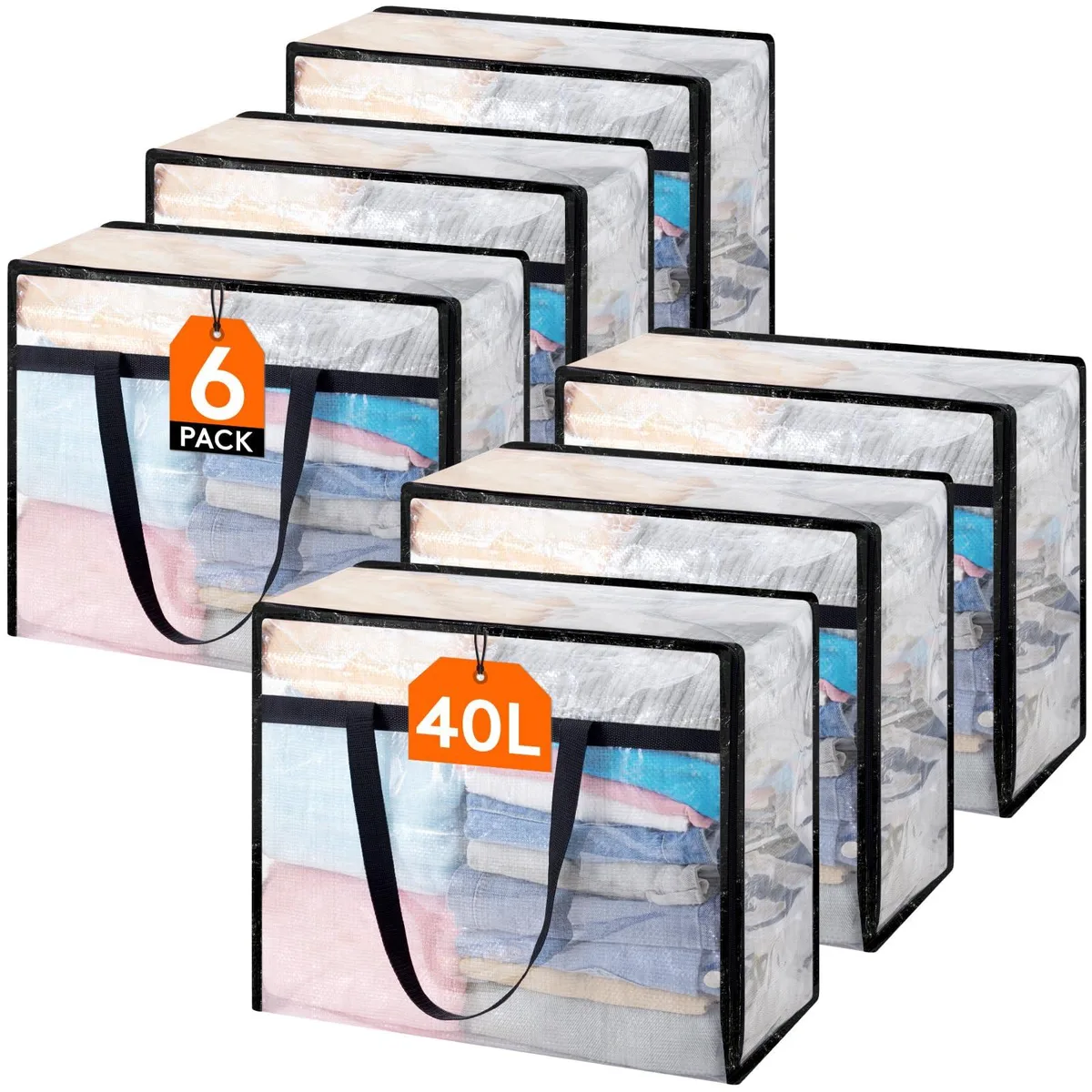Six transparent rectangular bags with zippers and handles, folded flat