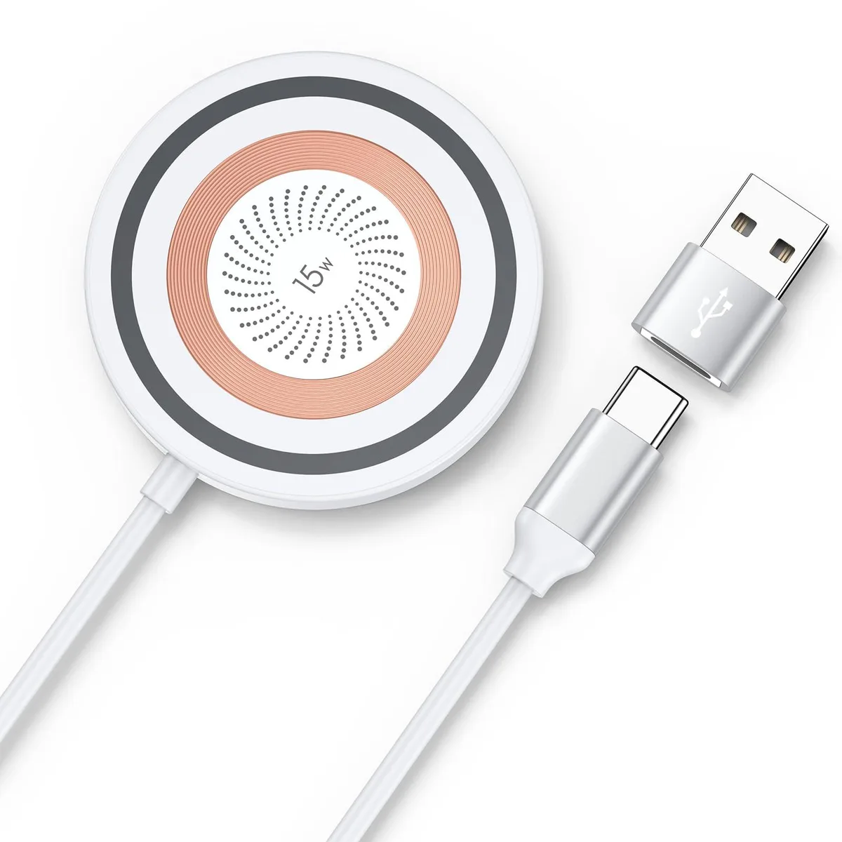 A thin circular white charging pad with a USB-C cable attached