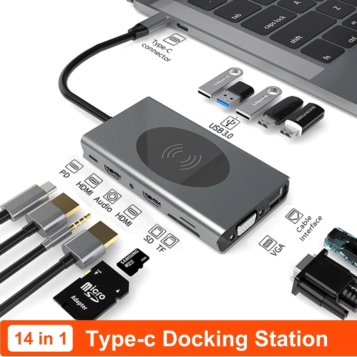 Jansicotek Jansicotek BXS14IN1 14-in-1 USB-C Hub Dongle Docking Station iPad Pro 2018/2019/2020 4K Dual HDMI — product photo