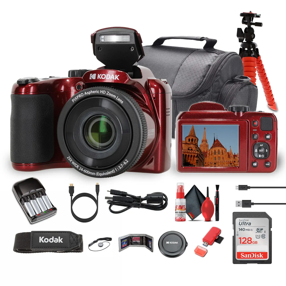Kodak Kodak Pixpro AZ255 Red 16MP 25x Zoom 128GB Kit — product photo
