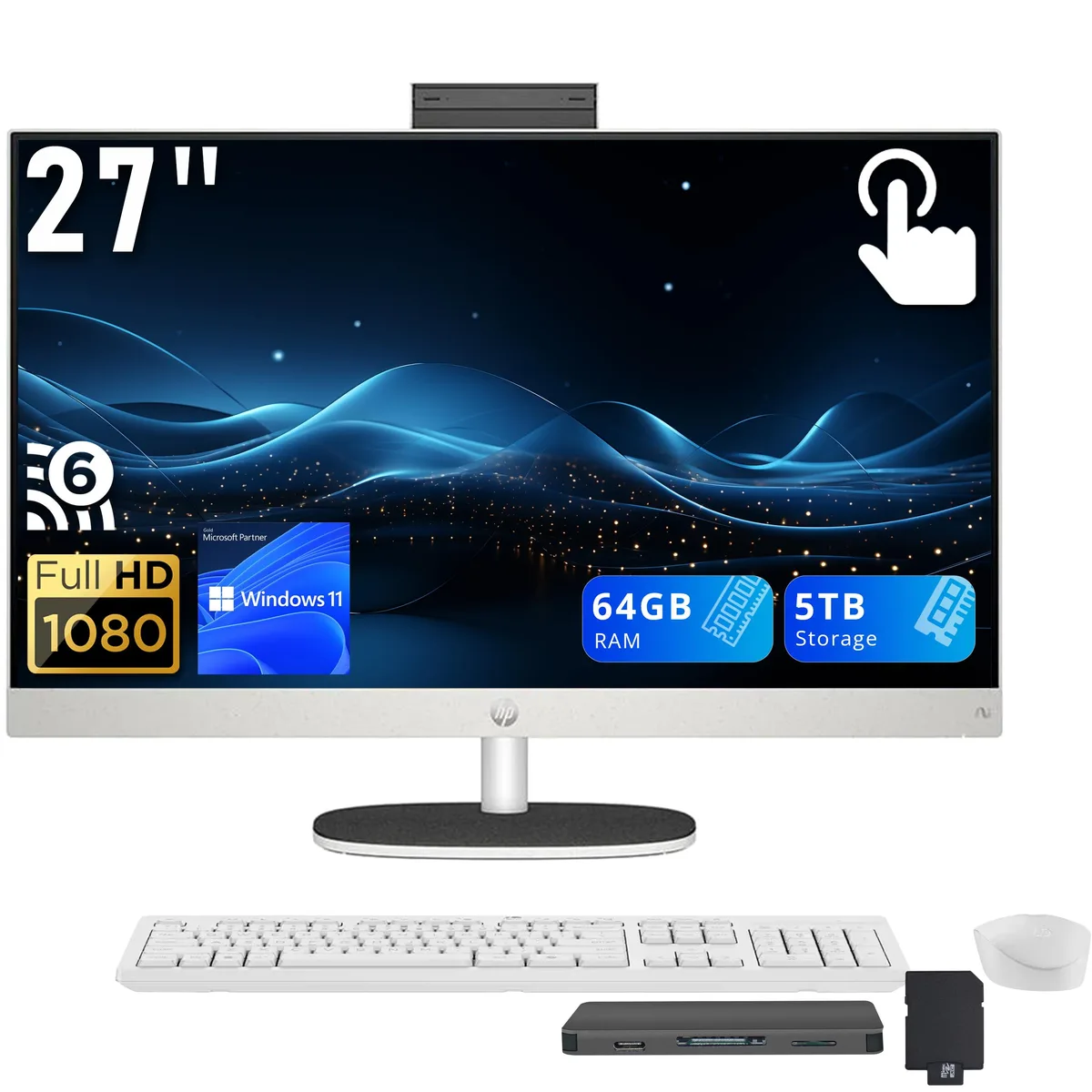 HP HP All-in-One PC 27" FHD Touch AMD Ryzen AI 7 350 64GB DDR5 4TB SSD + 1TB Dock White — product photo
