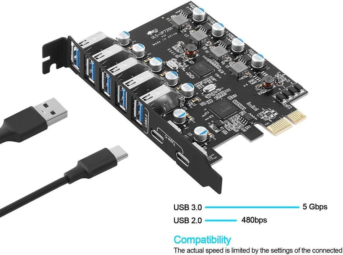 Vszerda Vszerda PCI-E to USB 3.0 7-Port Expansion Card (2× USB-C, 5× USB-A) — product photo