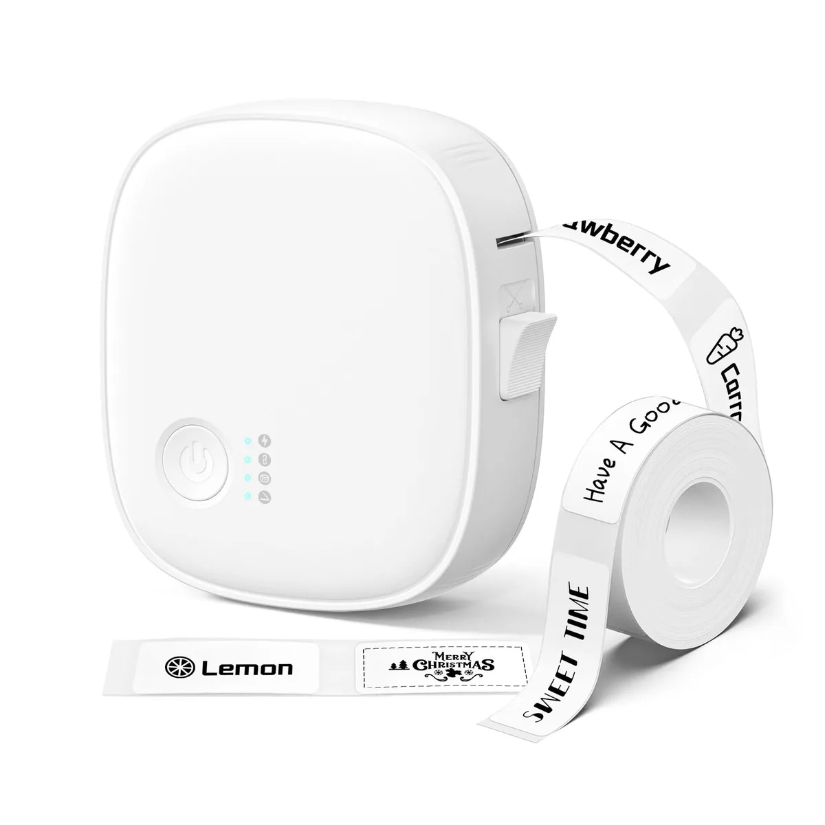 Small white rectangular thermal label printer with rounded edges, built-in cutter, Bluetooth interface, 216 grams