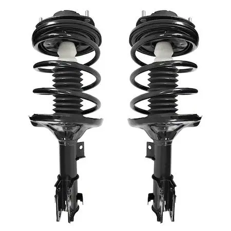 Two silver metal strut assemblies with coil springs and top mounts side by side