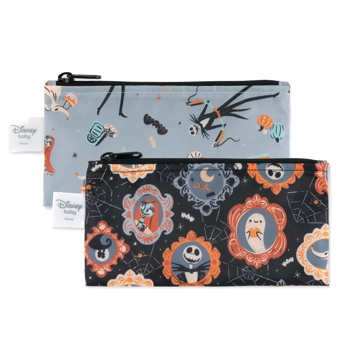 Two beige zip pouches with cartoon print, fabric finish
