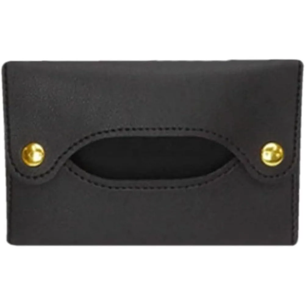 Black leather pocket tissue holder, slim rectangular pouch with top opening