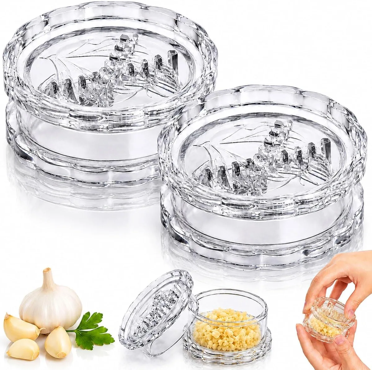 Two clear plastic garlic twisters side by side