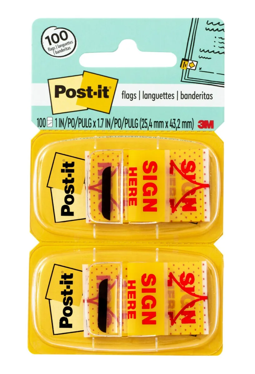 Two yellow dispensers of Sign Here sticky flags, 100 total, 1.7 inch size