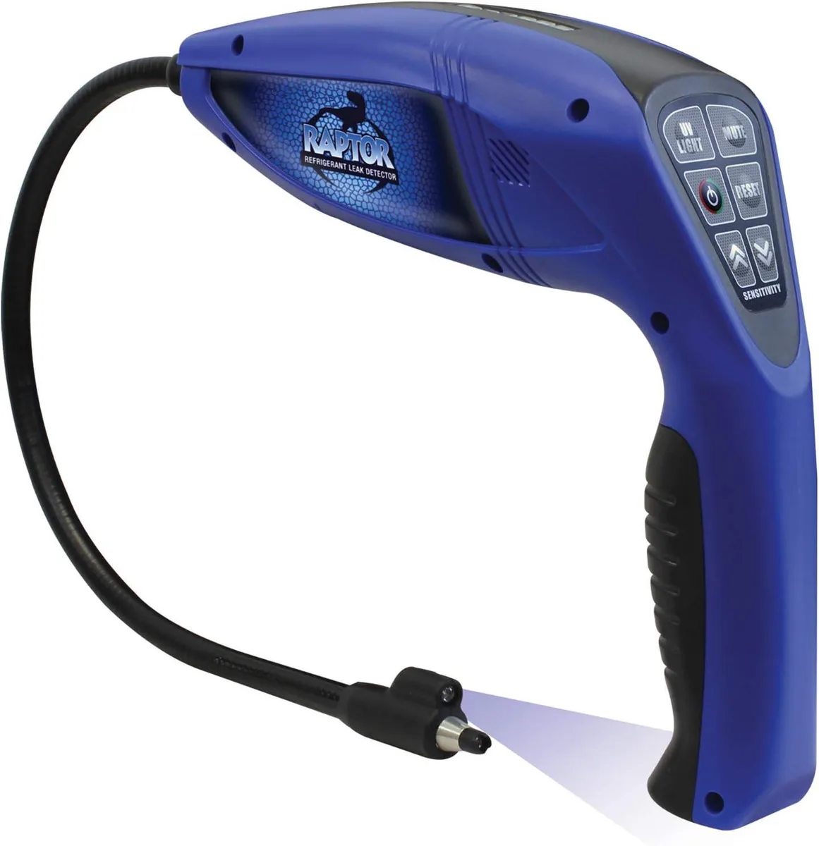 Handheld blue refrigerant leak detector with built-in UV LED light and keypad controls
