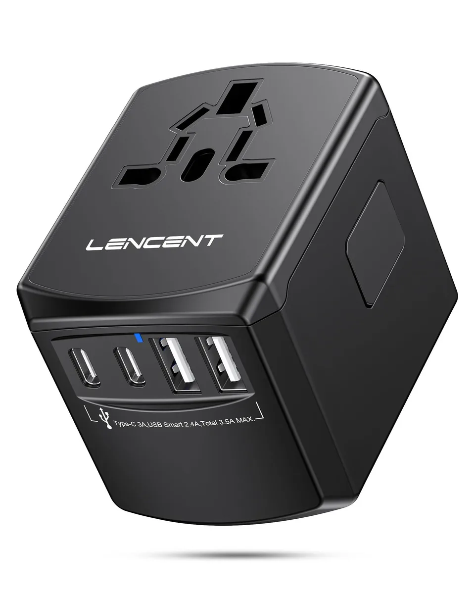 Black rectangular travel adapter with four slide-out plugs and multiple USB ports