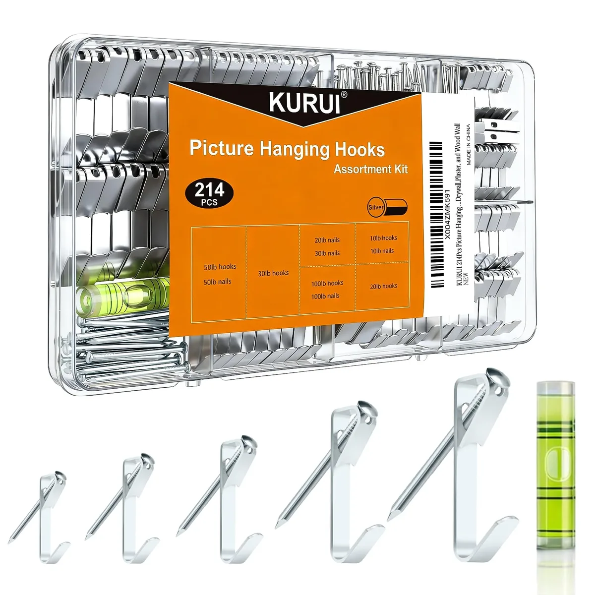 Clear plastic box filled with silver steel hooks, nails and a mini level
