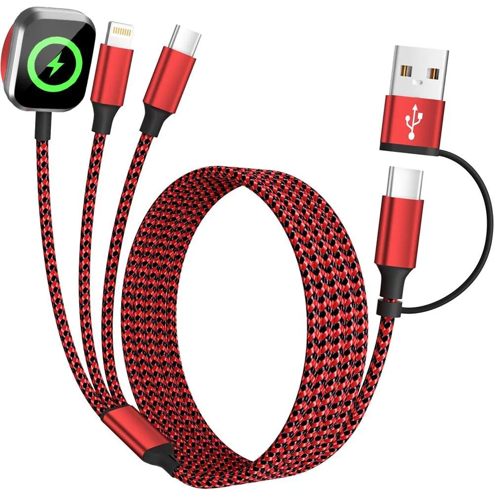 Black 5 ft multi charging cable with USB-A, USB-C, Lightning and Apple Watch connectors