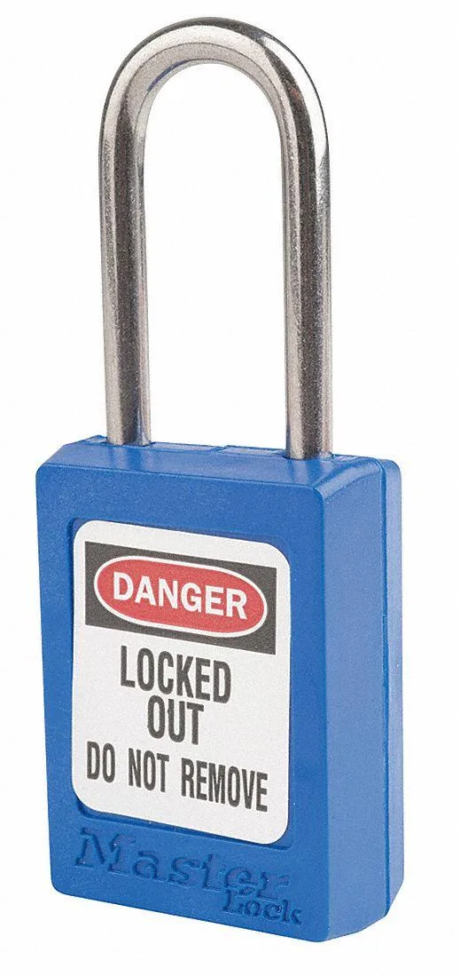 Blue thermoplastic safety padlock with stainless steel shackle, keyed alike, pack of twelve