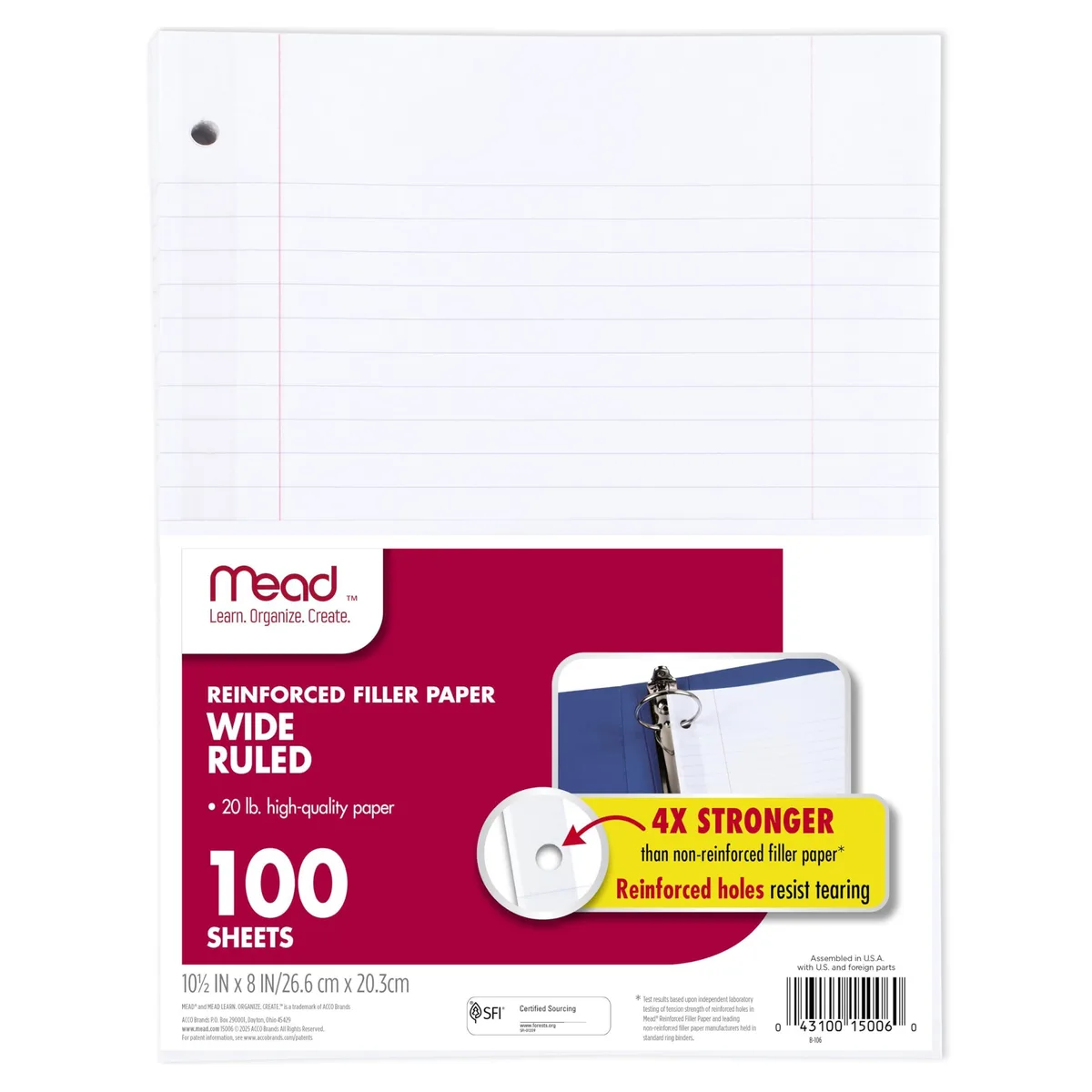  Mead 15006 Wide Ruled Reinforced Paper 100 Sheets 10.5x8 in — product photo