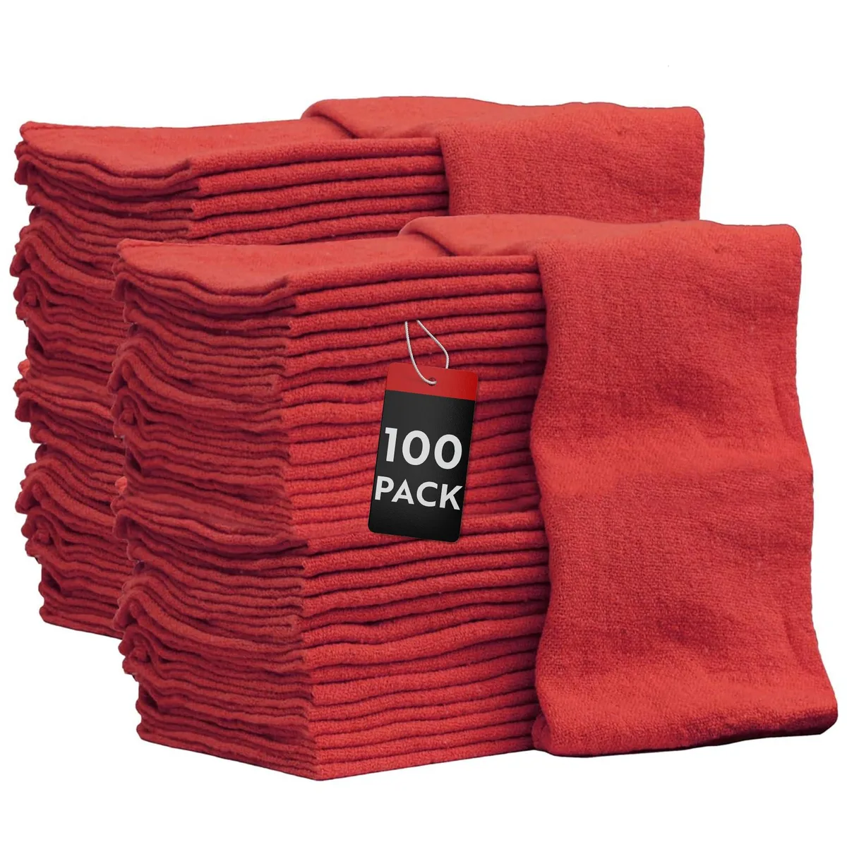 Stack of red square cotton shop towels, 100 pack, 14 by 14 inches