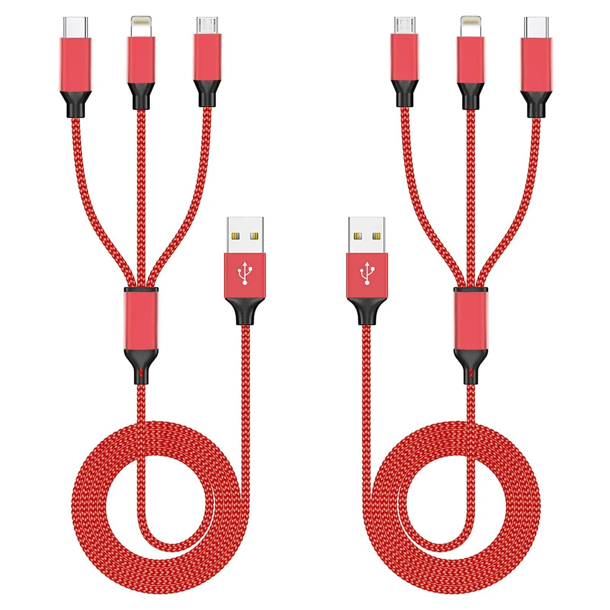 Two red braided nylon cables with three Micro USB connectors each