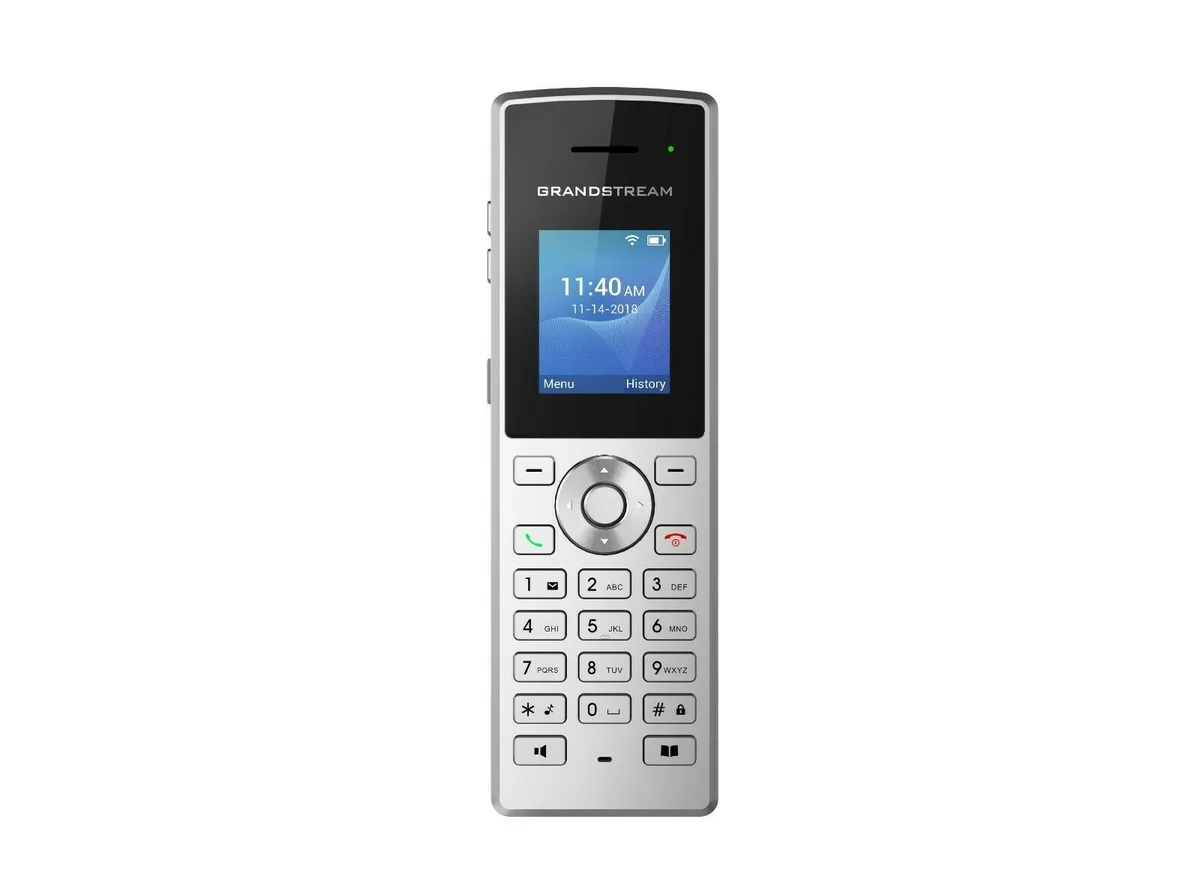 White rectangular cordless VoIP handset with colour screen and keypad